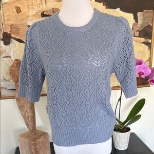 NWT Light Blue Openwork Knit Short Sleeve Sweater